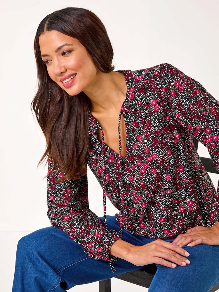 Roman Pink Floral Print Tie Neck Stretch Top - Image 1 of 5
