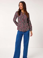 Roman Pink Floral Print Tie Neck Stretch Top - Image 2 of 5