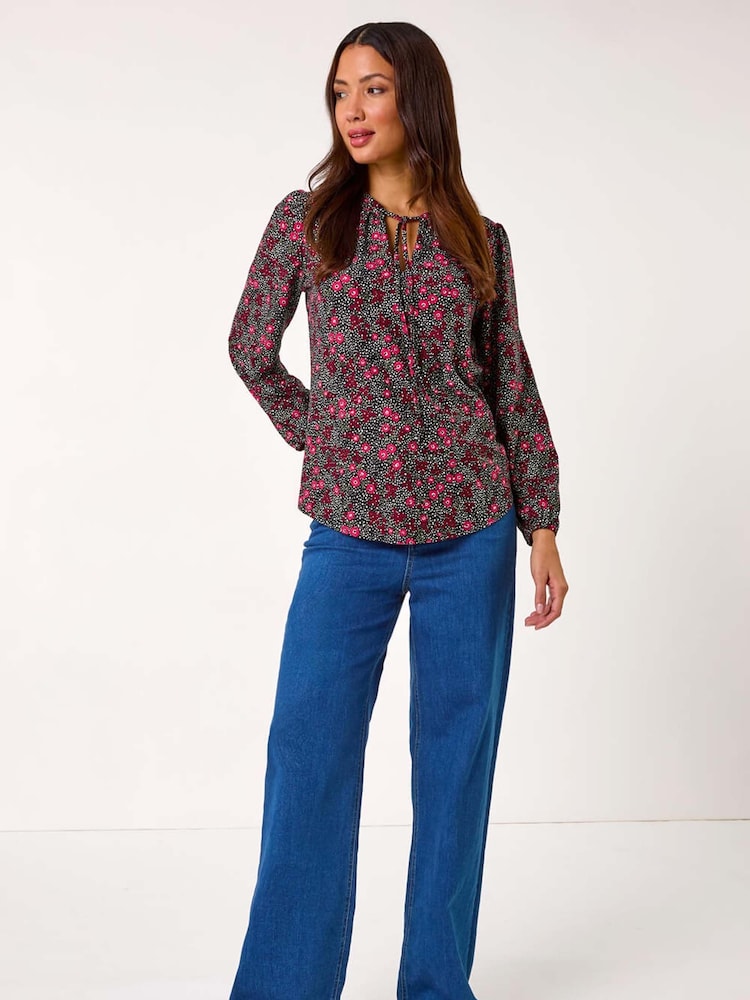 Roman Pink Floral Print Tie Neck Stretch Top - Image 2 of 5