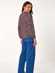 Roman Pink Floral Print Tie Neck Stretch Top - Image 3 of 5