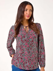 Roman Pink Floral Print Tie Neck Stretch Top - Image 4 of 5