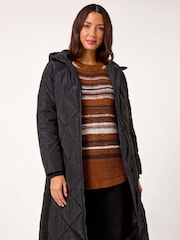 Roman Black Longline Diamond Quilt Hooded Coat - Image 1 of 5