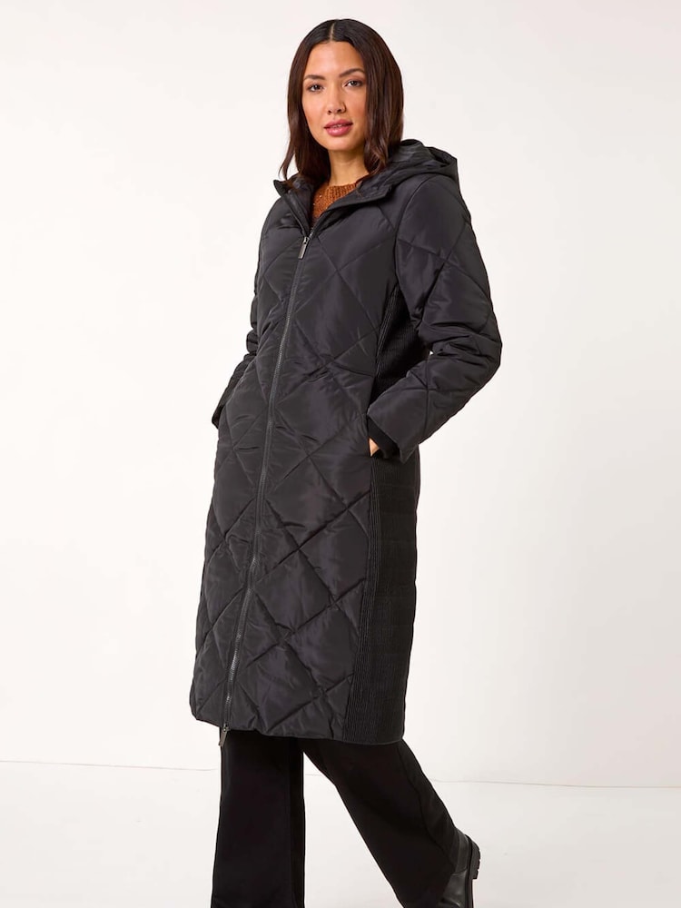 Roman Black Longline Diamond Quilt Hooded Coat - Image 2 of 5