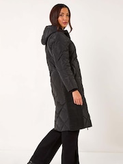 Roman Black Longline Diamond Quilt Hooded Coat - Image 3 of 5