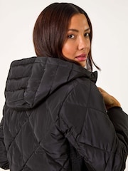Roman Black Longline Diamond Quilt Hooded Coat - Image 4 of 5