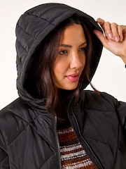 Roman Black Longline Diamond Quilt Hooded Coat - Image 5 of 5