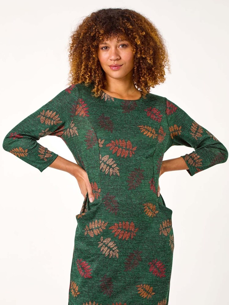 Roman Green Floral Print Pocket Shift Stretch Dress - Image 2 of 5 Roman Green Floral Print Pocket Shift Stretch Dress - Image 2 of 5