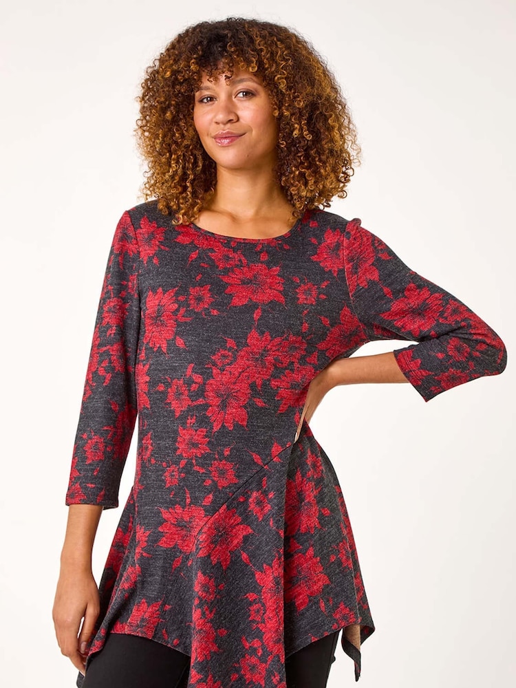 Roman Red Floral Print Hanky Hem Tunic Top - Image 1 of 5