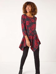 Roman Red Floral Print Hanky Hem Tunic Top - Image 2 of 5