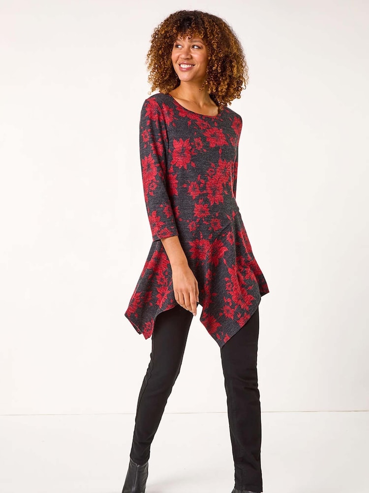 Roman Red Floral Print Hanky Hem Tunic Top - Image 2 of 5