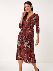 Roman Orange Leaf Print Wrap Midi Stretch Dress - Image 1 of 5