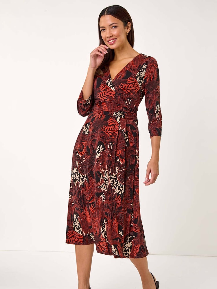 Roman Orange Leaf Print Wrap Midi Stretch Dress - Image 1 of 5
