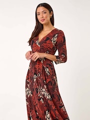 Roman Orange Leaf Print Wrap Midi Stretch Dress - Image 2 of 5