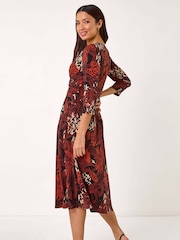 Roman Orange Leaf Print Wrap Midi Stretch Dress - Image 3 of 5