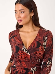 Roman Orange Leaf Print Wrap Midi Stretch Dress - Image 4 of 5