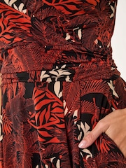 Roman Orange Leaf Print Wrap Midi Stretch Dress - Image 5 of 5