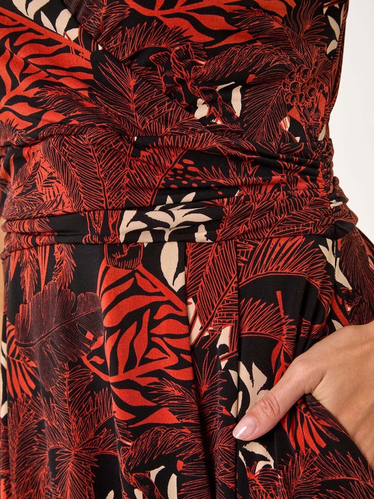 Roman Orange Leaf Print Wrap Midi Stretch Dress - Image 5 of 5