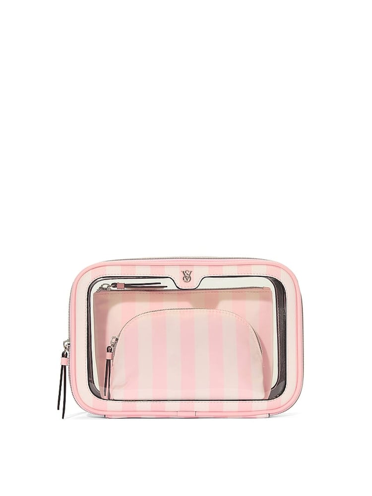 Victoria's Secret Iconic Stripe Pink Travel Trio Makeup Bag - Image 2 of 3 Victoria's Secret Iconic Stripe Pink Travel Trio Makeup Bag - Image 2 of 3