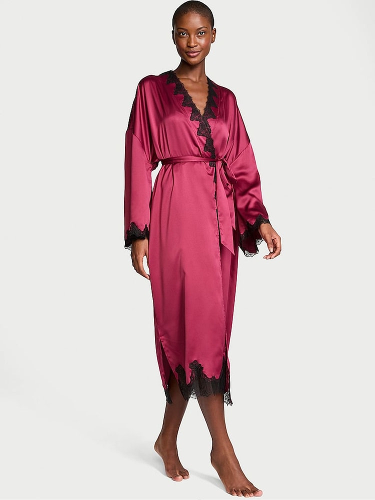 Victoria's Secret Campari Red Satin Lace Trim Open Back Robe - Image 1 of 4