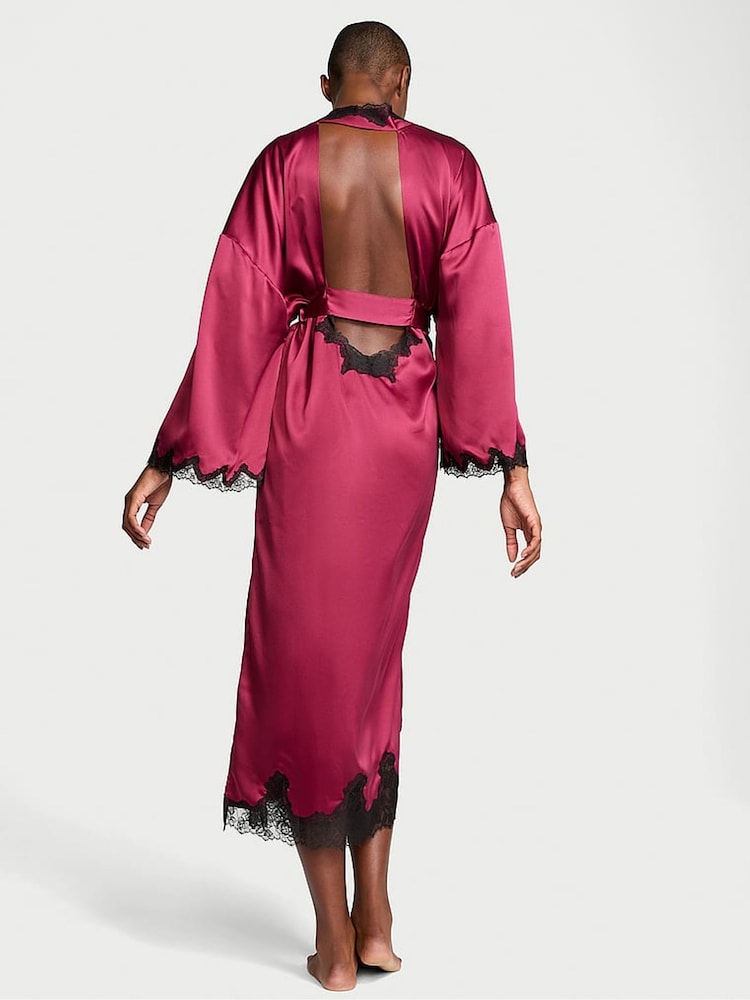 Victoria's Secret Campari Red Satin Lace Trim Open Back Robe - Image 2 of 4