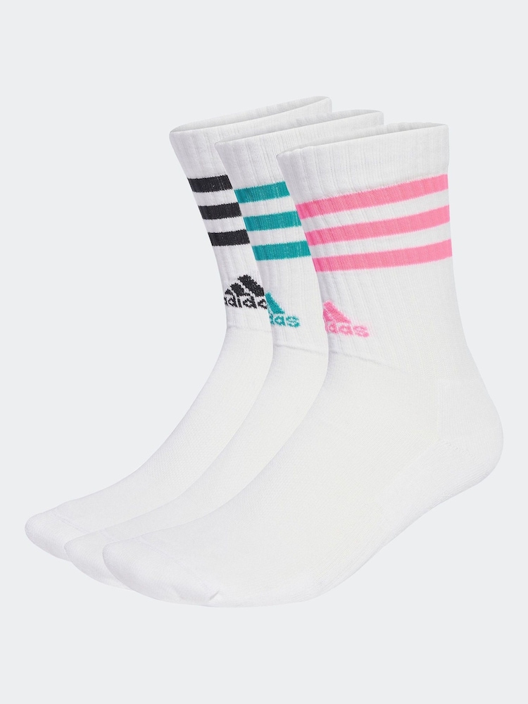 adidas White Ecru 3-Stripe Crew Length Socks 3 Pack - Image 1 of 4