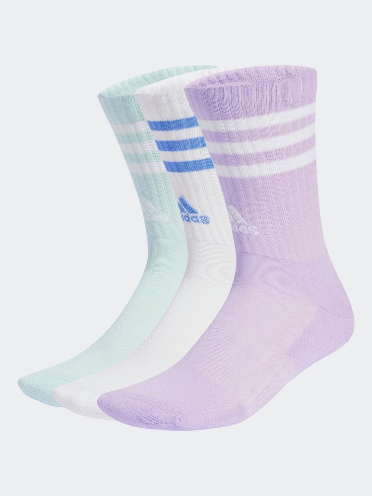 adidas Purple 3-Stripe Crew Length Socks 3 Pack - Image 1 of 4