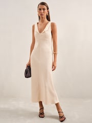Reiss Cream Kiera Textured Drape-Neck Midi Dress - Image 1 of 6
