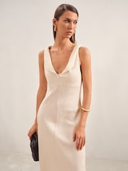 Reiss Cream Kiera Textured Drape-Neck Midi Dress - Image 4 of 6