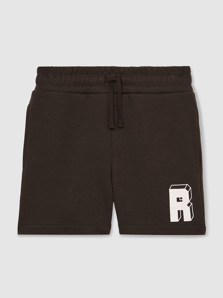 Reiss Chocolate Brown / Off White Marcus 3-9 yrs Jersey Drawstring R Print Shorts - Image 2 of 4