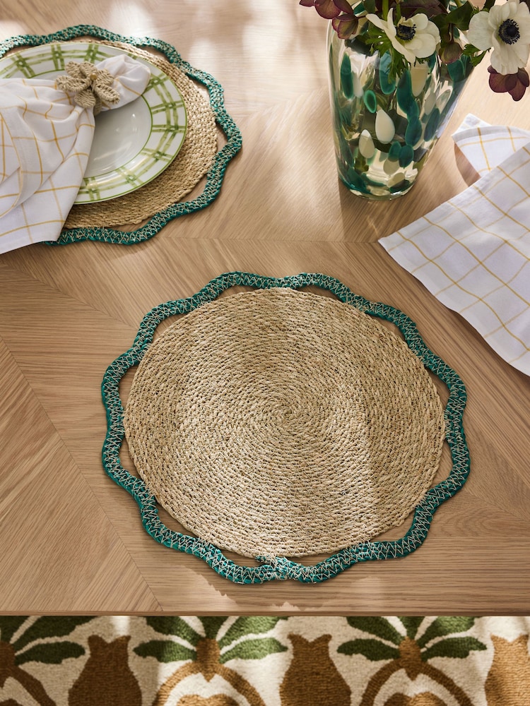 Nina Campbell Set of 2 Teal Blue Woven Seagrass Placemats - Image 1 of 4