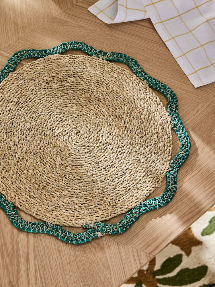 Nina Campbell Set of 2 Teal Blue Woven Seagrass Placemats - Image 2 of 4