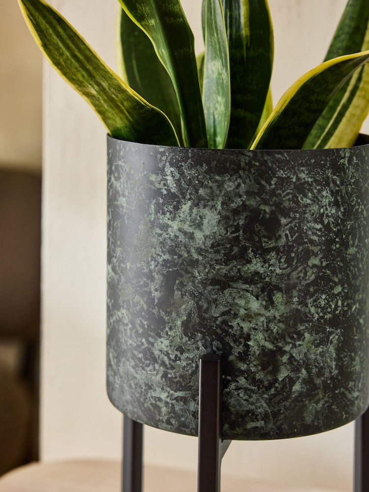 French Connection Green/Black Small Patina Metal Stand Plant Pot - Image 2 of 5