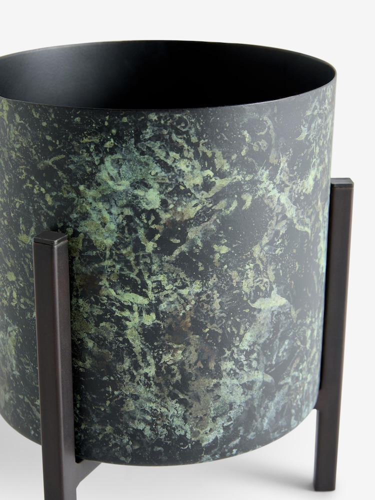 French Connection Green/Black Small Patina Metal Stand Plant Pot - Image 5 of 5