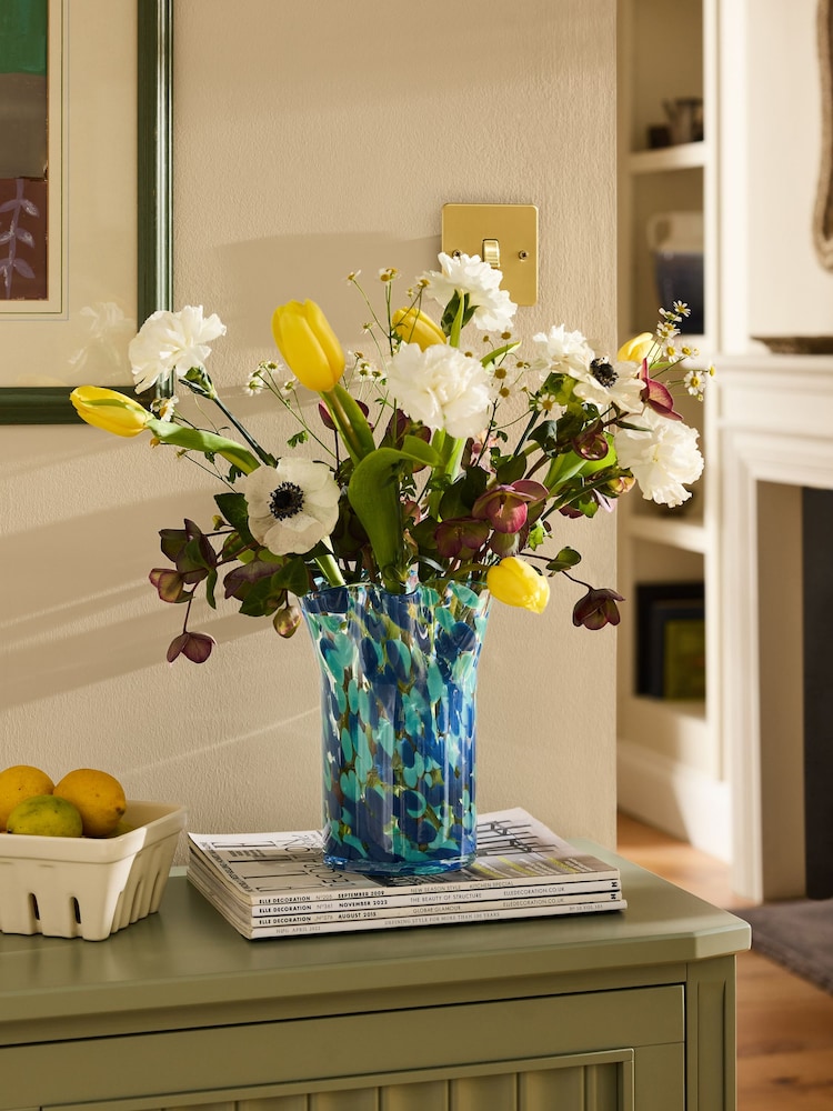 Nina Campbell Teal Blue Fluted Confetti Glass Vase - Image 1 of 3