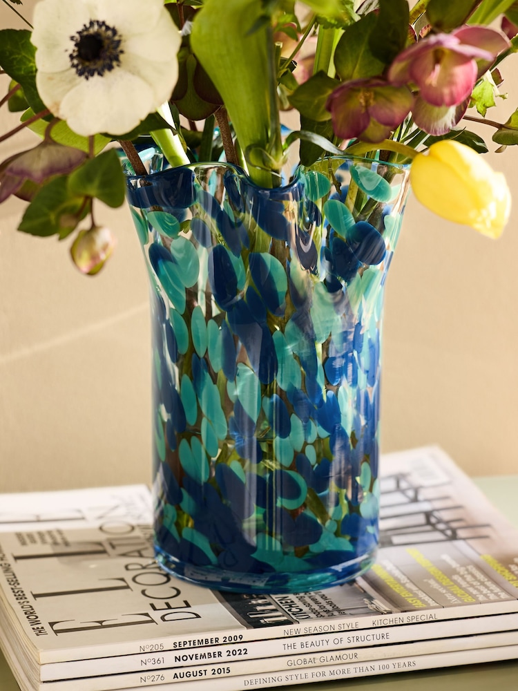 Nina Campbell Teal Blue Fluted Confetti Glass Vase - Image 3 of 3