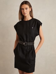 Reiss Black Karly Linen Short Sleeve Mini Dress - Image 1 of 6