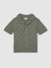 Reiss Dark Sage Filby Cotton Blend Diamond Knit Shirt - Image 1 of 4