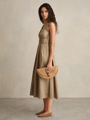 Reiss Khaki Anouk Cotton Craft-Stitch Shirred Midi Dress - Image 1 of 5