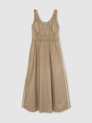 Reiss Khaki Anouk Cotton Craft-Stitch Shirred Midi Dress - Image 2 of 5