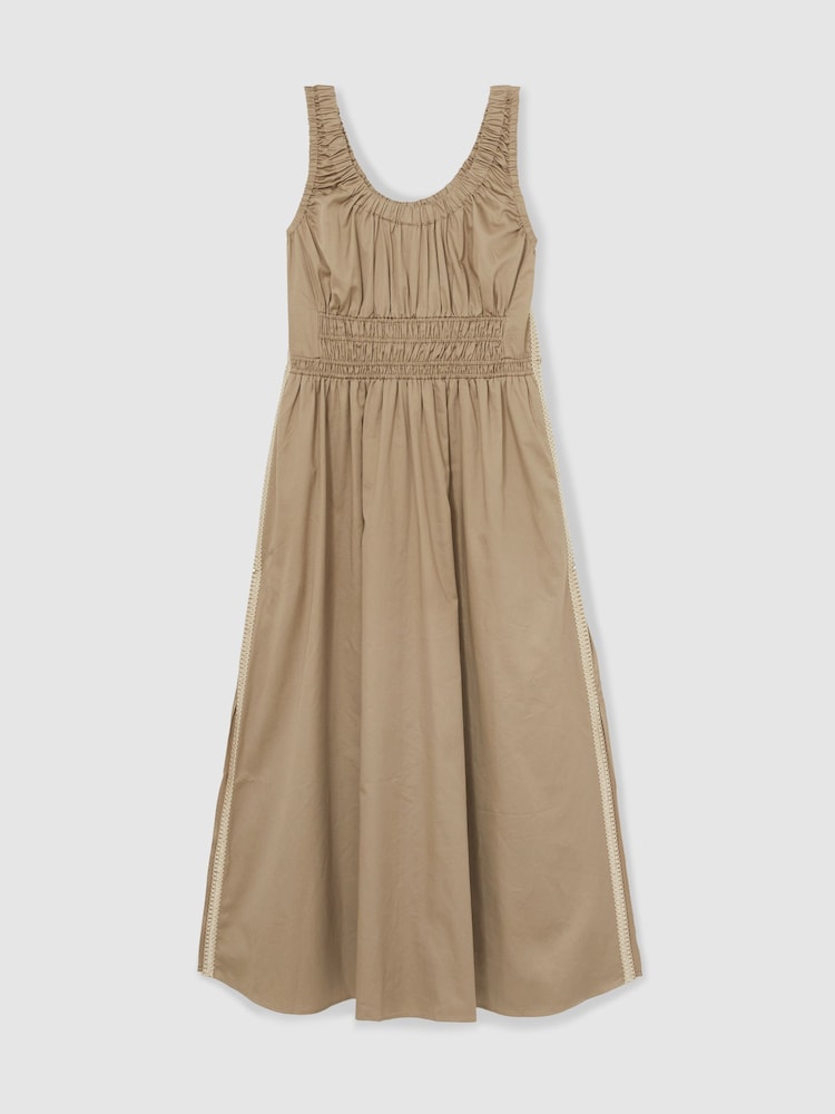 Reiss Khaki Anouk Cotton Craft-Stitch Shirred Midi Dress - Image 2 of 5