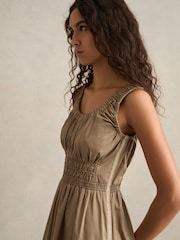 Reiss Khaki Anouk Cotton Craft-Stitch Shirred Midi Dress - Image 3 of 5