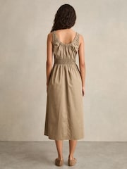 Reiss Khaki Anouk Cotton Craft-Stitch Shirred Midi Dress - Image 4 of 5