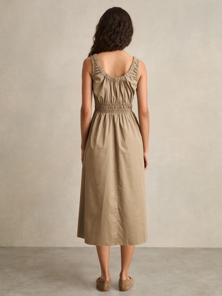 Reiss Khaki Anouk Cotton Craft-Stitch Shirred Midi Dress - Image 4 of 5