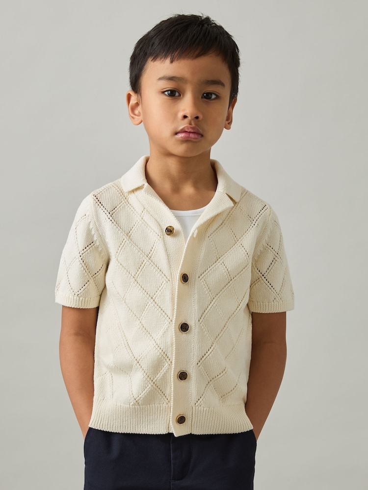 Reiss Off White Filby Cotton Blend Diamond Knit Shirt - Image 2 of 4