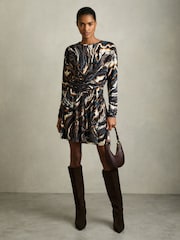 Reiss Black/Blue Jasmine Jersey Printed Tie-Waist Mini Dress - Image 1 of 5