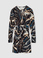 Reiss Black/Blue Jasmine Jersey Printed Tie-Waist Mini Dress - Image 2 of 5
