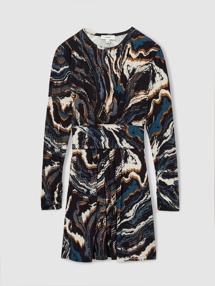 Reiss Black/Blue Jasmine Jersey Printed Tie-Waist Mini Dress - Image 2 of 5