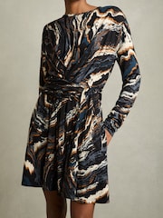 Reiss Black/Blue Jasmine Jersey Printed Tie-Waist Mini Dress - Image 3 of 5