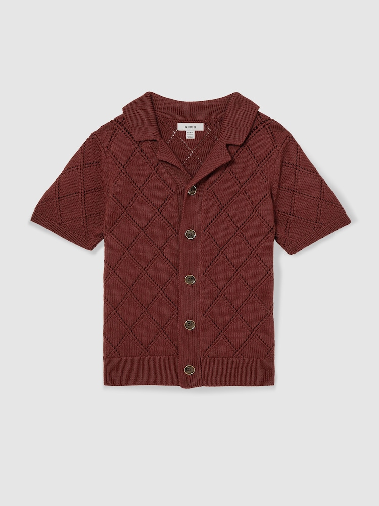Reiss Paprika Red Filby Cotton Blend Diamond Knit Shirt - Image 1 of 4