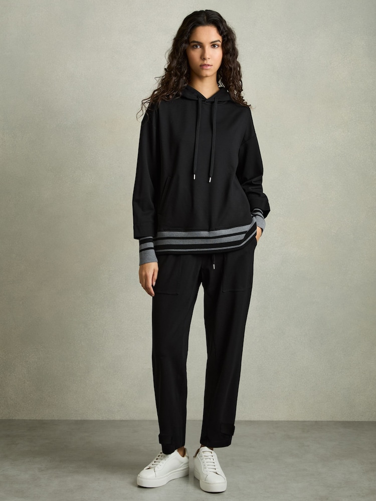 Reiss Black/Charcoal Alexi Drawstring Tapered Jersey Joggers - Image 1 of 6 Reiss Black/Charcoal Alexi Drawstring Tapered Jersey Joggers - Image 1 of 6